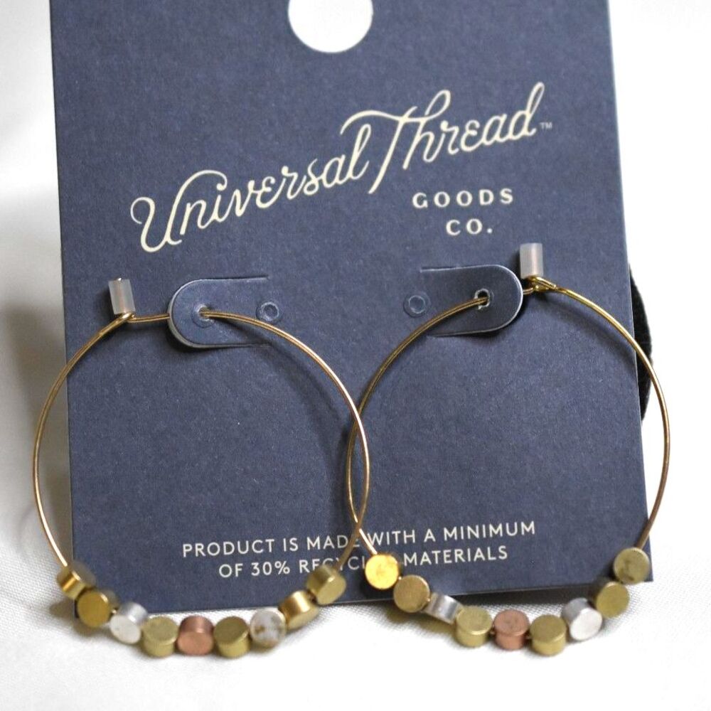 NWT Universal Thread Cylindrical Mixed Metal Beaded Gold Tone Hoop Earrings